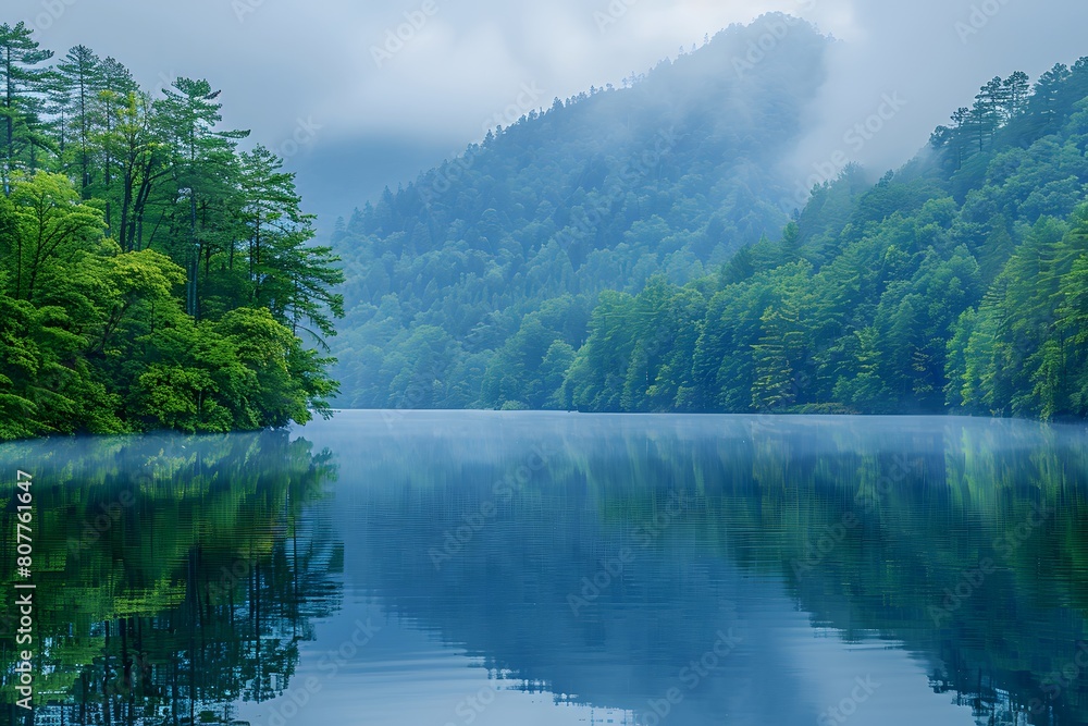 Misty Mountain Morning with Reflective Lake and Lush Green Forest