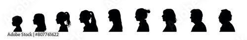 Woman life cycle and aging process side view face profile silhouette set on isolated white background.