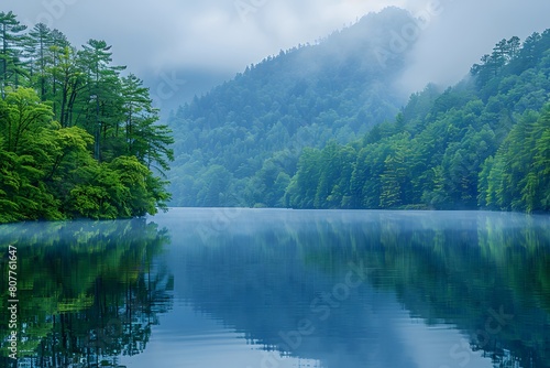 Misty Mountain Morning with Reflective Lake and Lush Green Forest