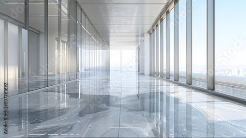 A long, empty glass corridor in an office building with large windows on one side and gray marble floors on the other. The floor reflects its surroundings.