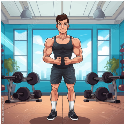 Front view fit man training cartoon Style vector illustration