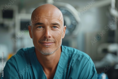 Bald happy male doctor in hospital