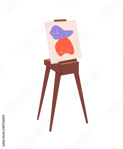 Wooden easel with contemporary artwork stands in art class. Colored painting picture on vertical canvas for exhibition. Artistic drawing tool. Flat isolated vector illustration on white background