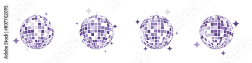 Set of purple discoballs with blings. Retro music party shining spheres. Glitterballs shapes. Mirror balls for nightclub discotheque in 70s 80s 90s vintage style. Vector flat illustration