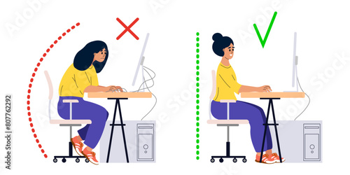 Correct good position vs bad incorrect posture for sitting at computer desk. Right and wrong wires located. Right and wrong back, neck and legs poses of woman at workplace. Vector 