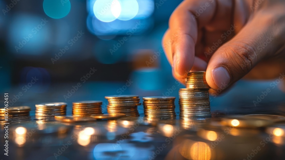 picture of man putting stack of coins into one row picture of man putting stack of coins into one row
