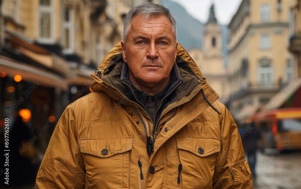 Fototapeta premium A man in a brown jacket stands in the rain. He looks tired and unhappy. The scene takes place in a city with many buildings and people