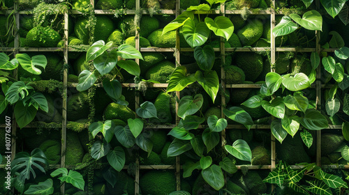 A philodendron climbing up a moss-covered trellis, with its lush foliage reaching towards the sunlight and creating a lush and verdant backdrop for outdoor garden spaces or indoor living areas.