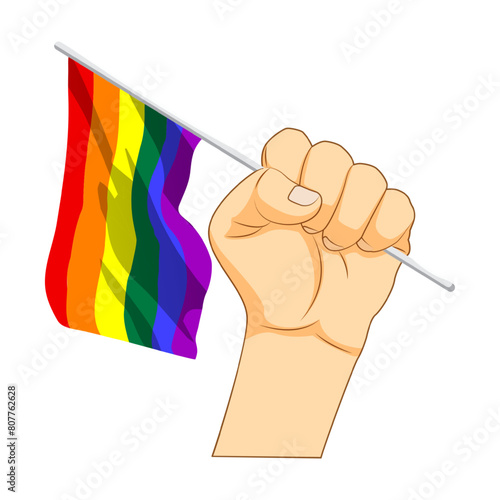 Vector illustration of hand holding LGBTQ flag on transparent background