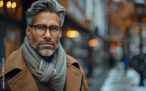 A man with glasses and a scarf is standing on a sidewalk. He looks serious and focused. The scene is set in a city with a mix of buildings and streetlights