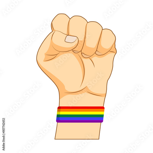 Vector illustration of fist hand with rainbow color wrist band on transparent background