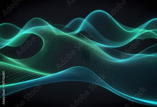 Digital cyberspace futuristic, Green and Blue color particles wave flowing with lines and dots connection, Technology network abstract background. 3d rendering 