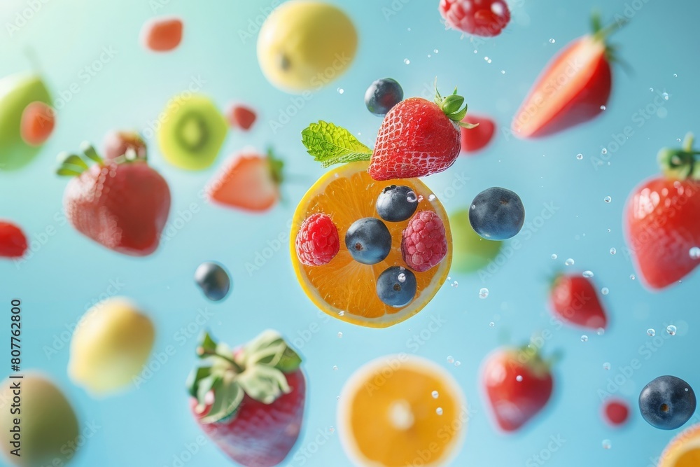 Fresh fruits in the air, isolated on colourful background. Food levitation or zero gravity concept Fresh fruits in the air, isolated on colourful background. Food levitation or zero gravity concept
