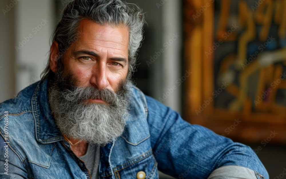 Fototapeta premium A man with a beard and long hair is sitting in a blue jacket. He has a serious expression on his face