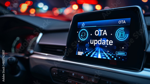 Over the air firmware update in automotive industry with a car cluster showing an over-the-air or OTA update on the screen