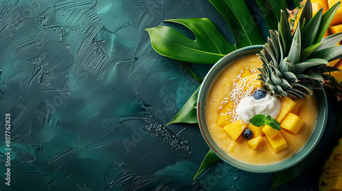 A vibrant smoothie bowl filled with fresh mango, pineapple, and a dollop of coconut yogurt, with a vibrant tropical background and copyspace on the left for a healthy recipe. photo