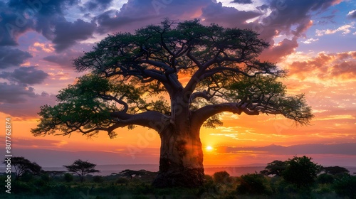A majestic baobab tree stands tall against the backdrop of an African sunset  its branches reaching towards the sky with leaves that resemble elephant trunks. 