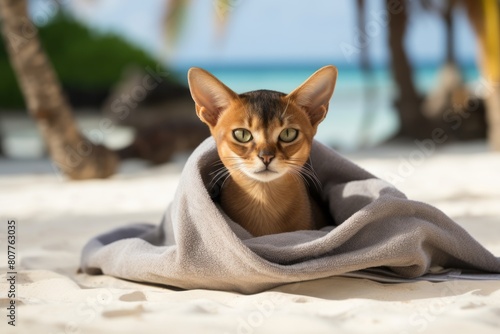 Medium shot portrait photography of a smiling abyssinian cat kneading a blanket over beach background