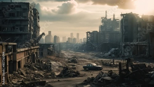 A desolate cityscape with a car in the middle of the road. Scene is bleak and desolate photo