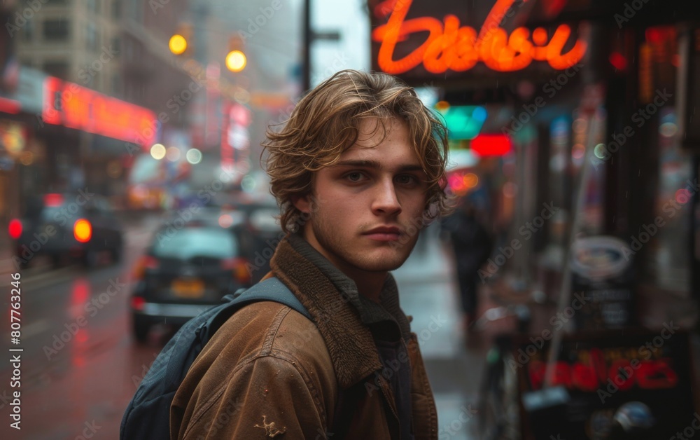A young man is standing in the rain with a backpack on. He is looking at the camera A young man is standing in the rain with a backpack on. He is looking at the camera