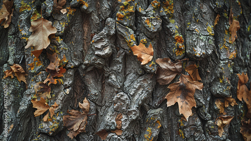 textured bark of a Fall Fiesta Sugar Maple tree, with its rough and gnarled surface providing a natural canvas for mosses and lichens to thrive, adding depth and character to the forest landscape.