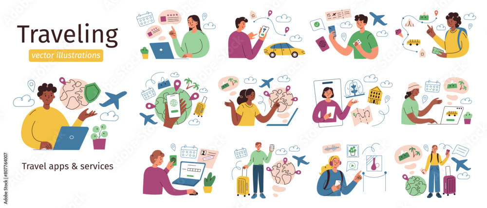 Tourists planning trip set, set of traveling compositions, characters booking flight, hotel, travelers scenes collections, vector illustrations of vacation insurance, mobile apps, services for journey