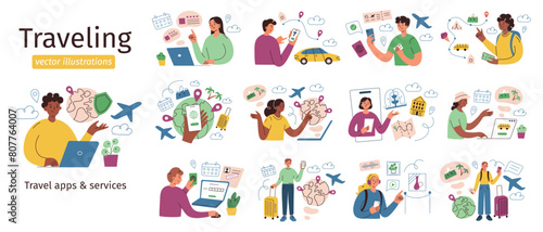Tourists planning trip set, set of traveling compositions, characters booking flight, hotel, travelers scenes collections, vector illustrations of vacation insurance, mobile apps, services for journey