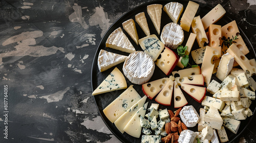 A platter of assorted cheeses on the right, copyspace on the left