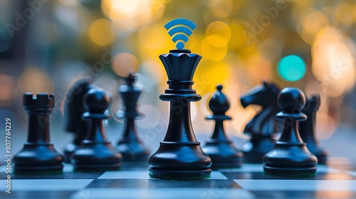 Strategic Thinking Concept: Chessboard with Wi-Fi-Enabled Queen. Contemporary Digital Art Photo. Perfect for Technology and Strategy Themes. AI