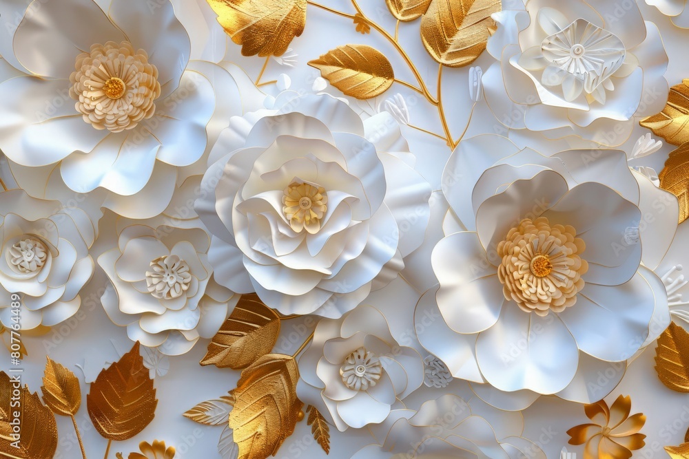 3d render, abstract background with white paper flowers and golden leaves, floral botanical wallpaper 3d render, abstract background with white paper flowers and golden leaves, floral botanical wallpaper