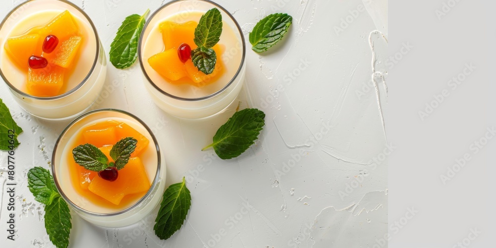 Mango panna cotta on transparent glasses on a white simple background with space for text Mango panna cotta on transparent glasses on a white simple background with space for text