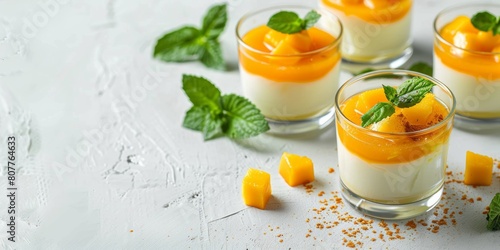 Mango panna cotta on transparent glasses on a white simple background with space for text photo