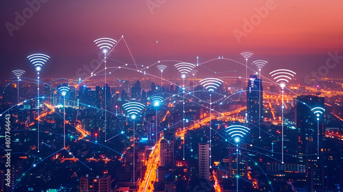 Smart city and intelligent communication network of things ,wireless connection technologies ,Fast connection in the city at night ,Abstract technology background photo