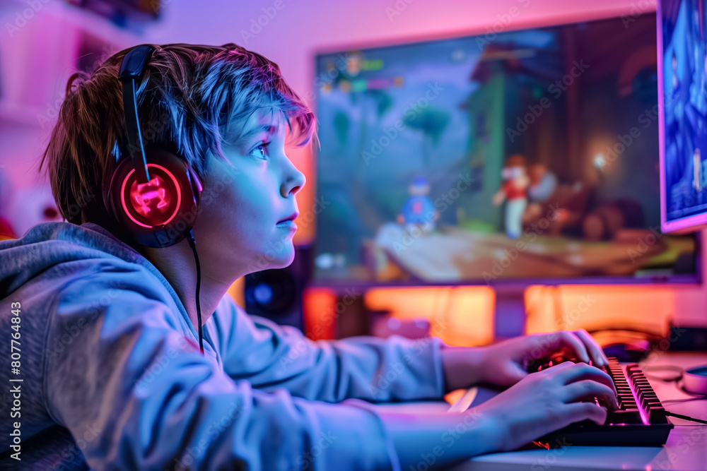 Obraz premium Child in a gaming headset intensely focused while playing a video game on a PC in a room with ambient neon lighting.