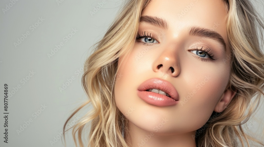 Beautiful amazing blonde woman close-up studio background. Copy Space. Beautiful amazing blonde woman close-up studio background. Copy Space.
