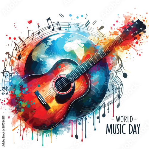 Watercolor a digital painting of a guitar World Music Day with vector illustration