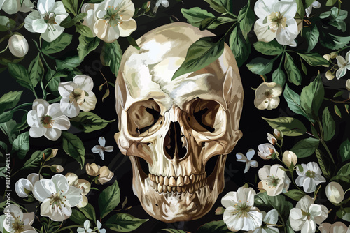 Skull with flowers, roses and pumpkins for Halloween. Vector illustration for autumn halloween holiday in vintage old style. 