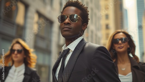 A handsome African American businessman wearing sunglasses and a black suit, walking in the street 
