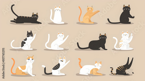 Various cats in playful poses on a beige background.