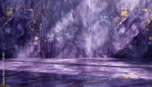 purple marble wall with golden cracks, light rays shining through the window, background for product presentation