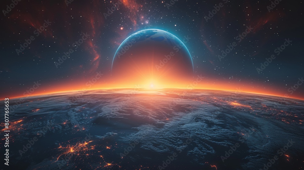 A minimalist wallpaper featuring the curved silhouette of Earth against an open vibrant sky A minimalist wallpaper featuring the curved silhouette of Earth against an open vibrant sky