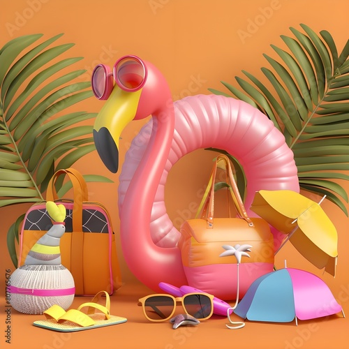 A stylish flamingo donning sunglasses and a widebrim hat, surrounded by summer essentials like a beach ball and sunscreen photo