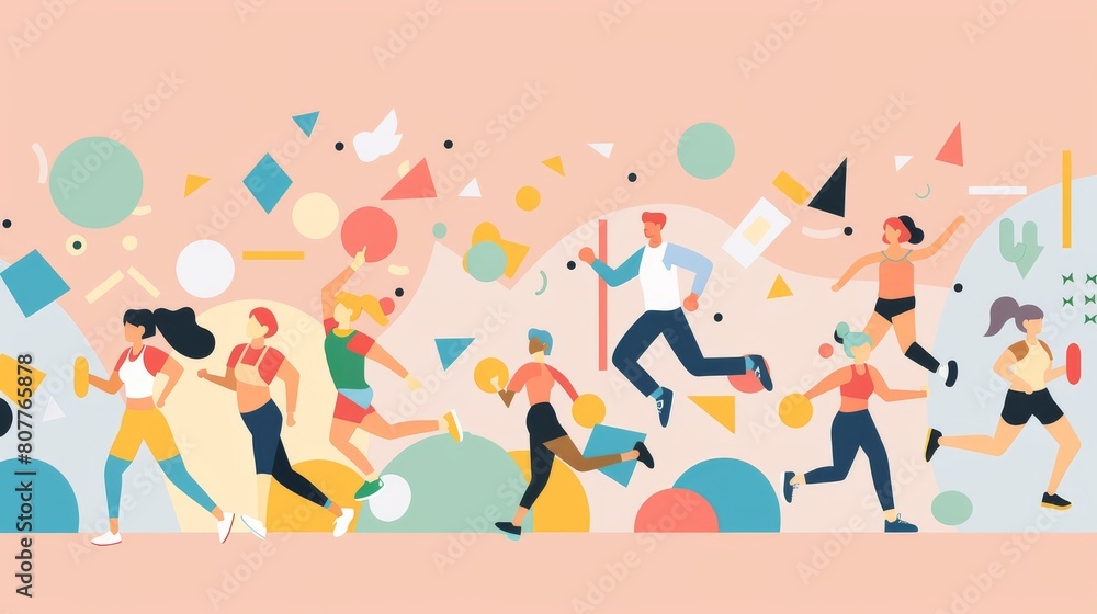 A group of people running in a colorful, abstract background. Concept of energy and movement, as well as a feeling of unity and camaraderie among the runners. The use of bright colors A group of people running in a colorful, abstract background. Concept of energy and movement, as well as a feeling of unity and camaraderie among the runners. The use of bright colors