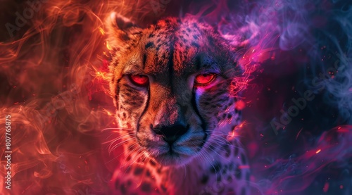 A cheetah with red eyes is staring at the camera