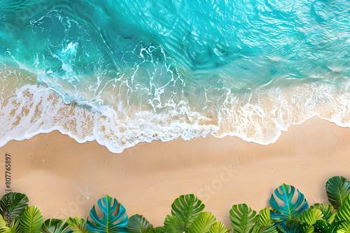 Coastline at tropical beach with palms and turquoise ocean , summertime banner mockup. Summer travel sales and vacation concept.