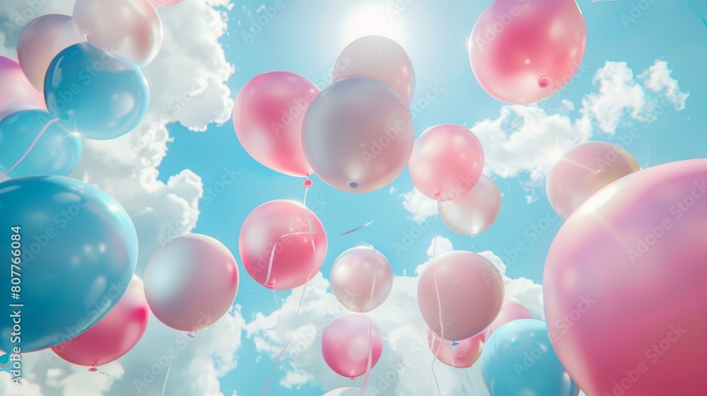 A bunch of pink and blue balloons floating in the sky. The balloons are scattered all over the sky, creating a sense of joy and celebration
