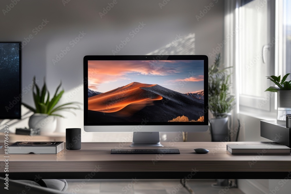 Fototapeta premium A computer monitor is on a desk in a room with a view of a mountain. The computer is turned on and the screen is lit up