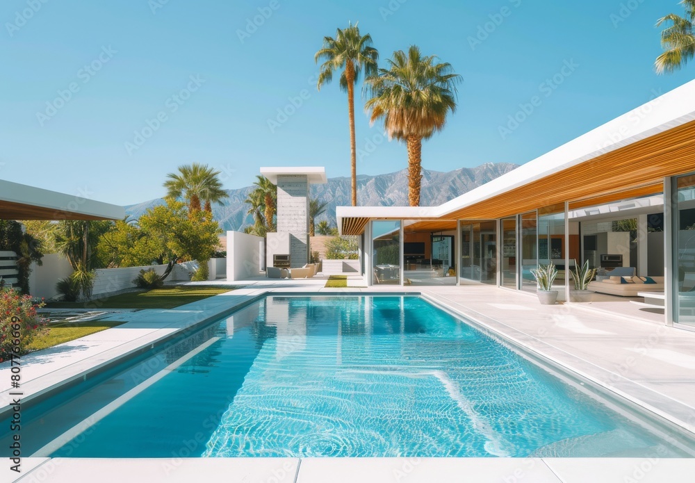 A large pool with a white house in the background. The pool is surrounded by palm trees and has a white fence A large pool with a white house in the background. The pool is surrounded by palm trees and has a white fence
