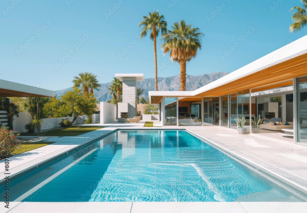 A large pool with a white house in the background. The pool is surrounded by palm trees and has a white fence