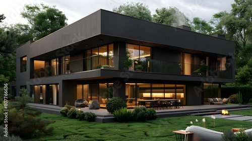 A modern house with black walls, wooden windows and doors, a large terrace on the first floor , dining table for four people, lawn. 